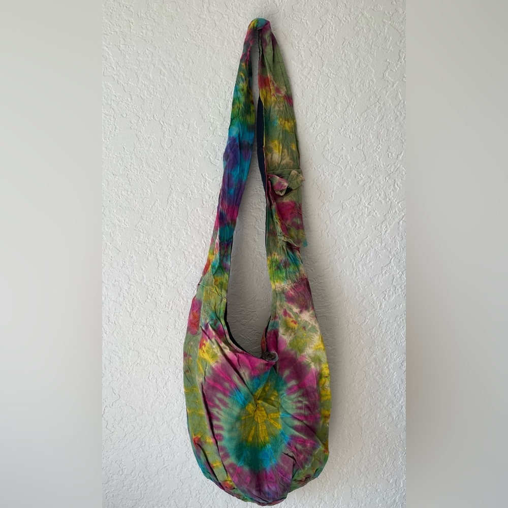 Boho Tie Dye Cotton Crossbody Hobo Bag In Green And Pink  Brand New - Picture 5 of 10